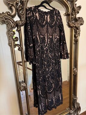 Black Lace Midi Dress with Nude Lining